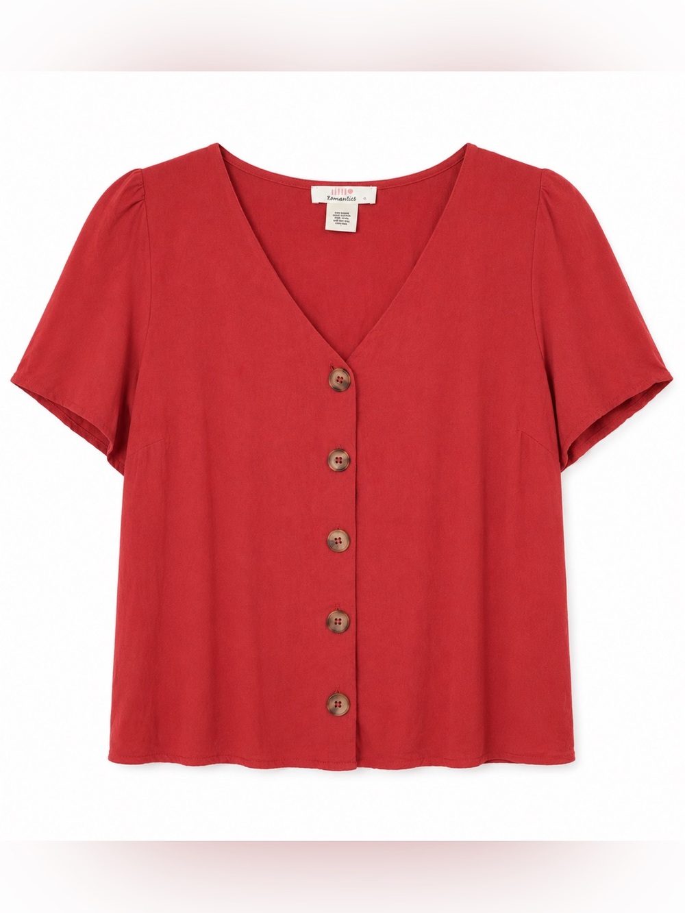 URBAN Romantics Red Button-Front V-Neck Short Sleeve Top